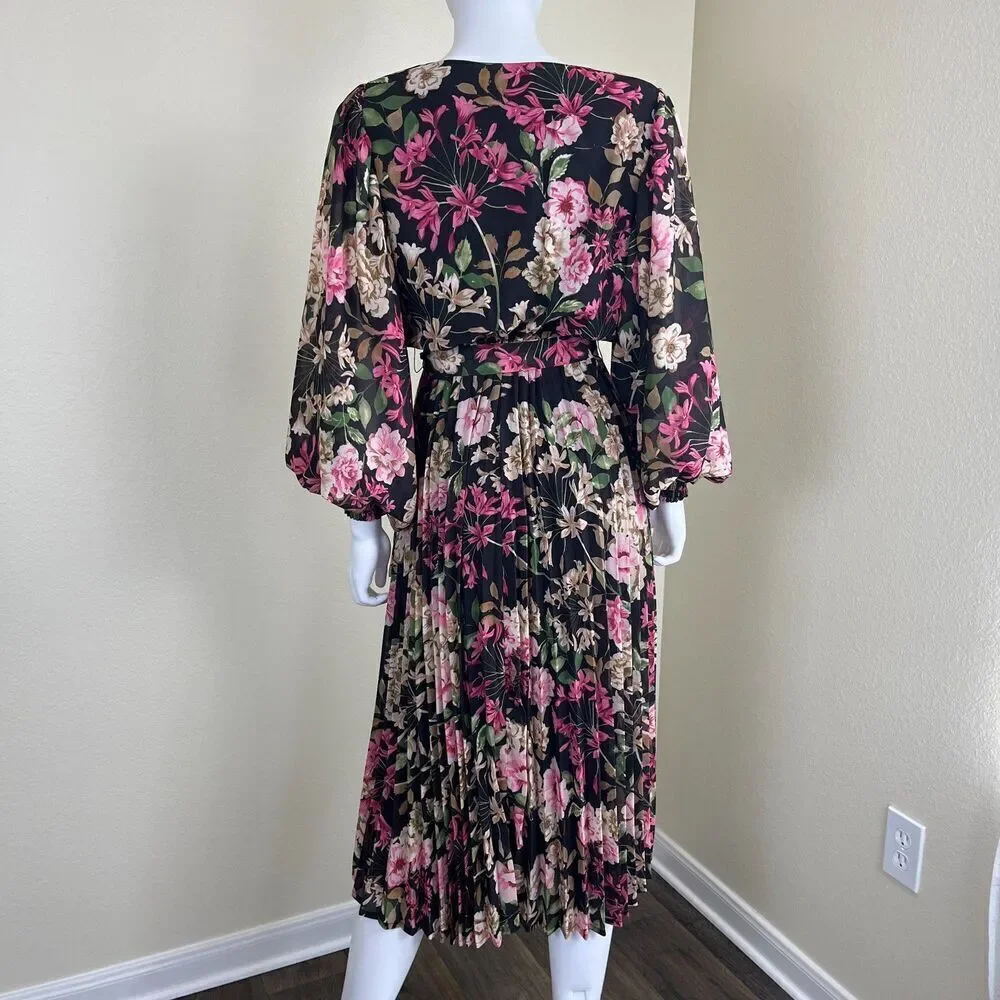 Baltic Born Women's Size S Laurie Black Floral Midi NEW Pleated Dress Cottage